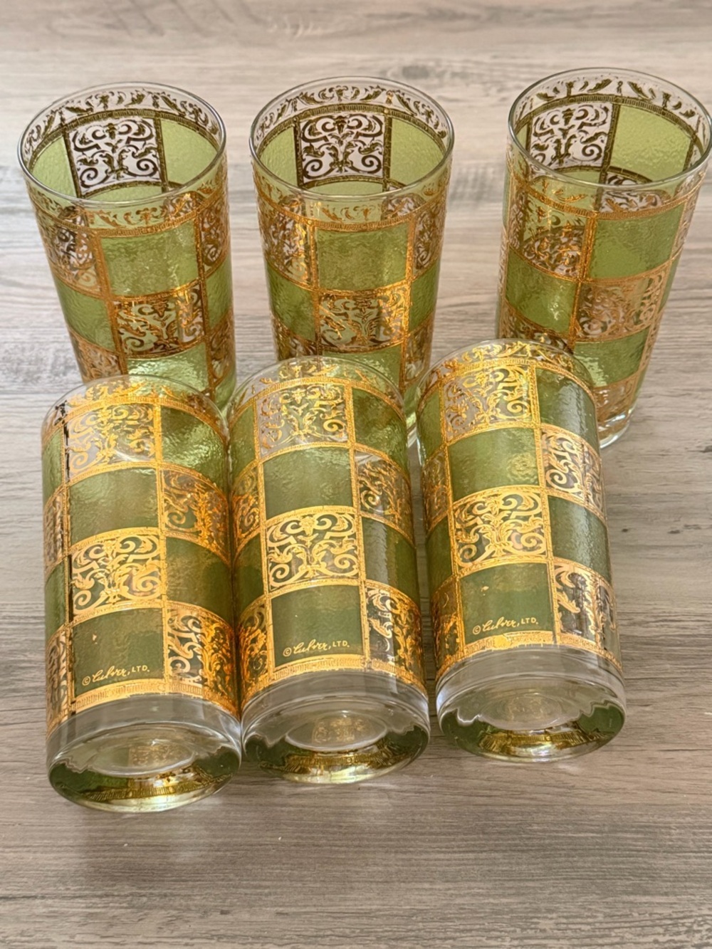 Vintage Culver Prado Green Gold Cocktail Tumblers Highball Glasses Set of 6